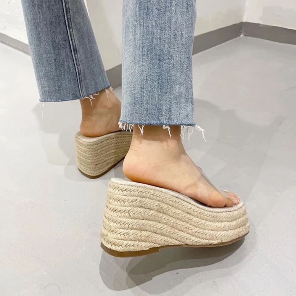 NWT Y2K Transparent Platform Wedges Sandals Open Toe Hemp High Heels Slides - Picture 8 of 8